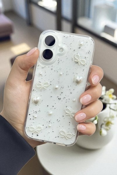 Apple iPhone 17 Compatible Pearl Heart Bow Transparent Case Glitter Shockproof Cover