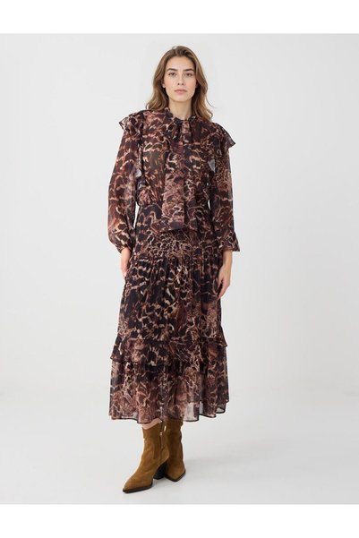 Bitter Brown Halter Neck Long Sleeve Patterned Chiffon Midi Dress