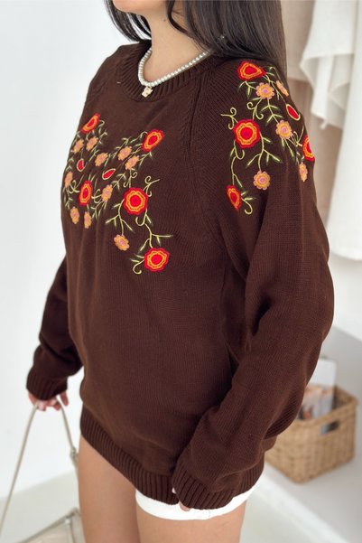 Brown Embroidered Knit Sweater