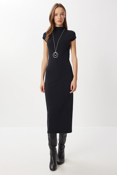 Mock Neck Midi Knitted Dress Lub0304 Black