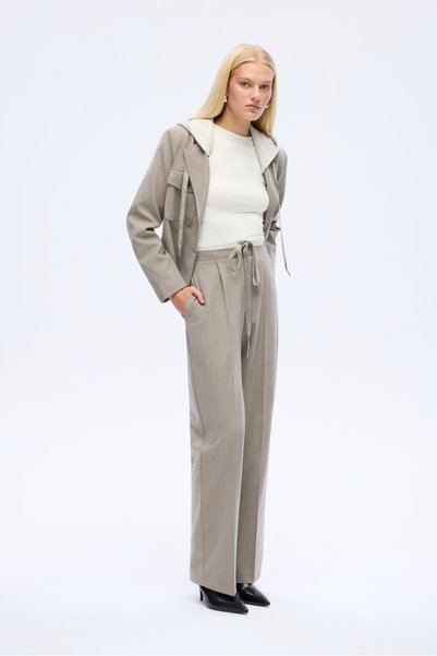 Double Waist Detailed Lace-Up Wide-Leg Trousers Gray