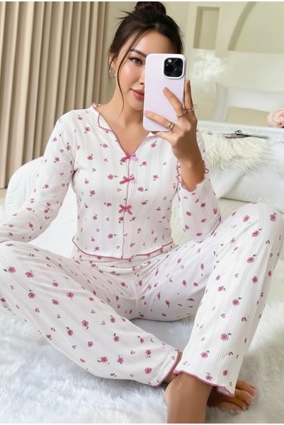 White Floral Pattern Cotton Openwork Hollowed-Out Knitted Pajamas Suit7927-8