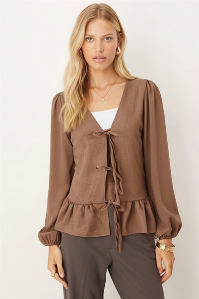 Women's Mink Front Tie Blouse with Ruffled Hem and Elasticated Sleeves Arm-26K001019
