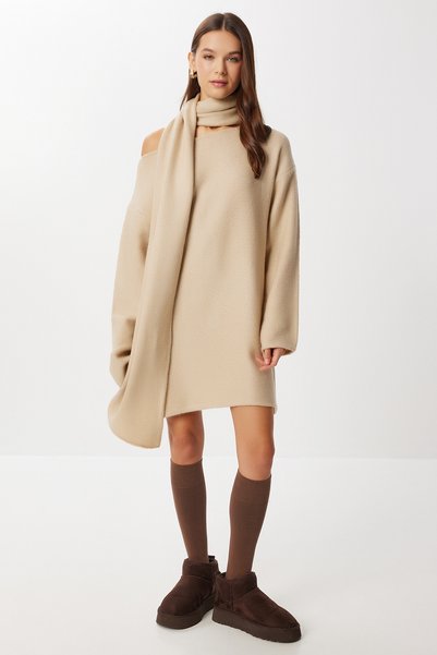 Knitwear Sweater with Scarf Detail Lki̇0052 Beige
