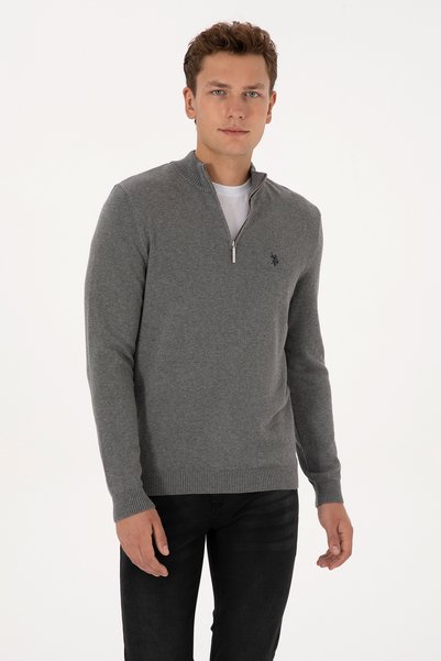 Men's Slim Fit Half Zipper Gray Melange Basic Sweater 50313695-Vr109