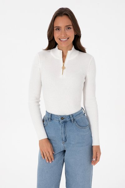 Women's Ecru V-Neck Zippered Sweater 50316869-VR019