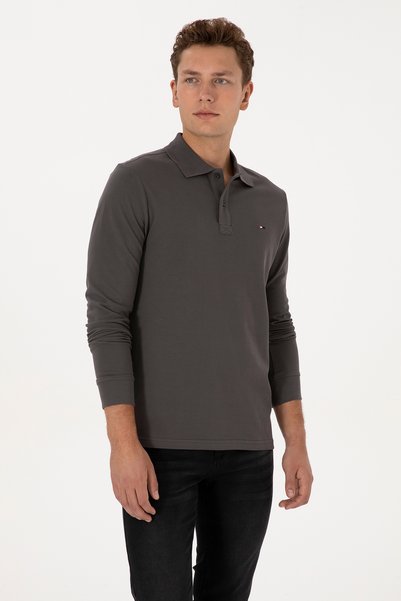 Men's Regular Fit Polo Collar Gray Basic Sweatshirt 50315941-Vr024