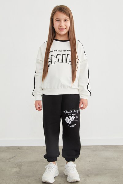 Girls' Sweatpants with Rose and Text Print and Elastic Waist