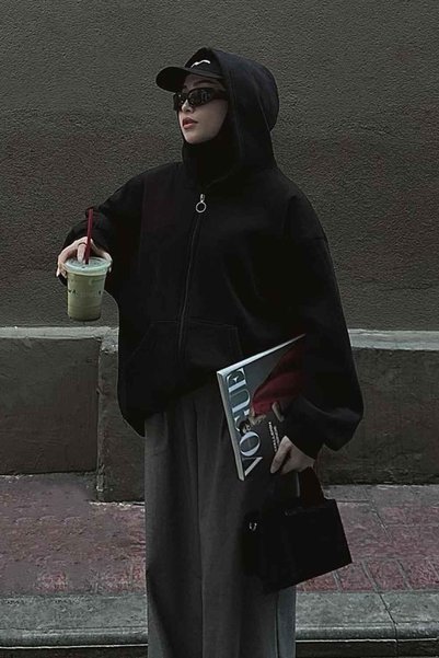 Front Zipper Plain Sweatshirt Black
