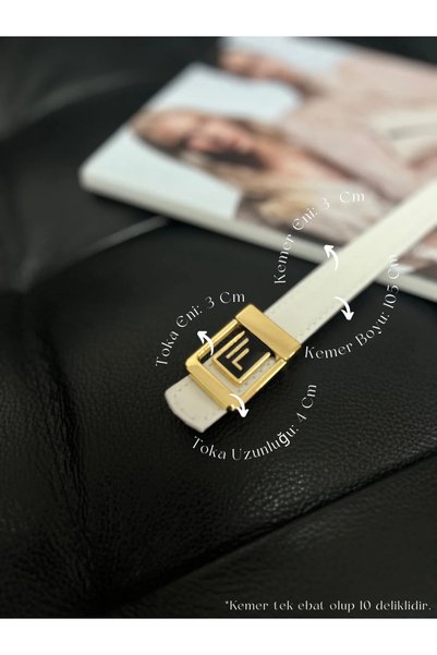 White Women's Belt with F Logo Gold Buckle, Gold Women's Belt, Trouser Belt, Coat Belt