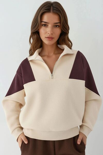 Zippered Mock Neck Inside Out Fleece-Lined Sweatshirt