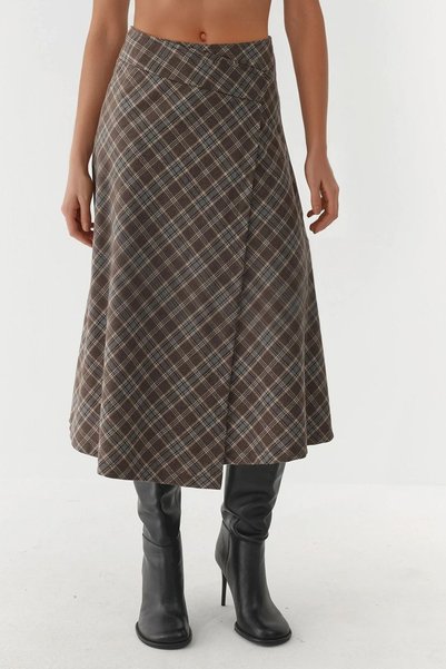 Button Closure Plaid Long Skirt