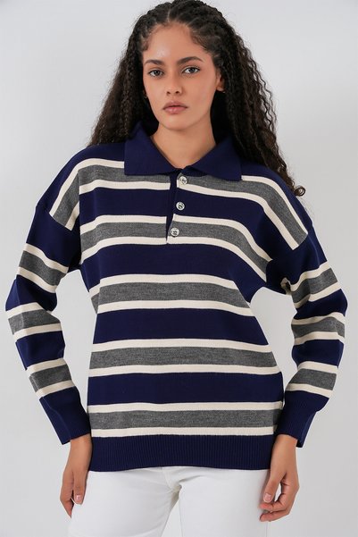 Women's Striped Polo Neck Knit Sweater 15952 - Navy Blue