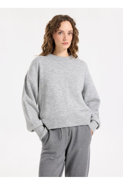 Crew Neck Loose Fit Plain Knit Patterned Gray Melange Sweater Women J5Wl-Kzk7153