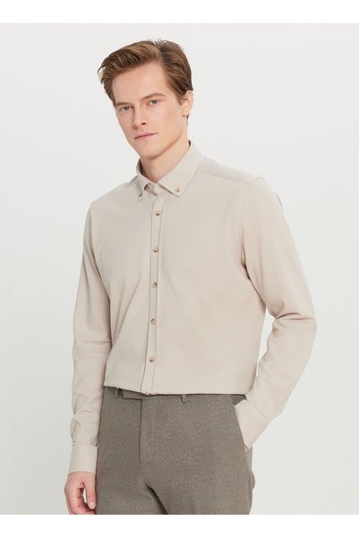 Slim Fit Button Collar Beige Men's Shirt Ace020261468_Bej