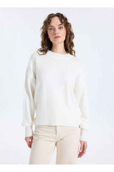 Crew Neck Loose Fit Plain Knit Patterned Ecru Sweater Women J5Wl-Kzk7153