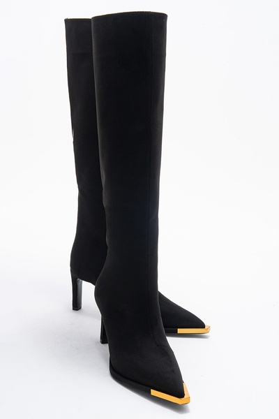 Lexa Black Suede Gold Detailed Pointed Toe Women's Heeled Boots