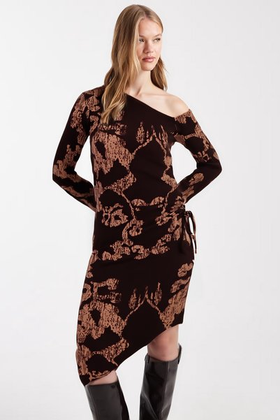 Women's Coffee-Beige Off-Shoulder Side Ruched Asymmetric Hem Bodycon Dress ARM-26K001041