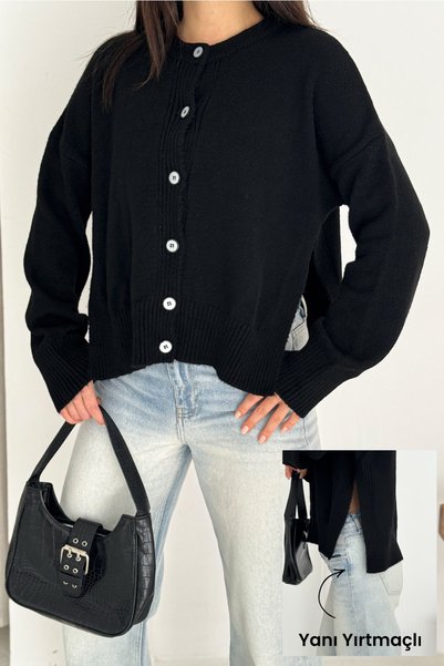Black Oversized Knitwear Cardigan with Slit Buttons on the Side Standard Size