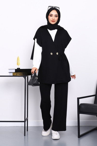 Black Vest Set Tunic Pants Triple Set