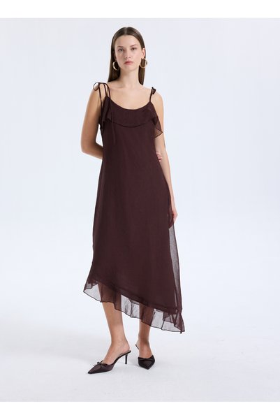 U-Neck Straight Coffee Below Knee Women's Dress Vmsabrina Blk Scrf Flounce Dress Wv