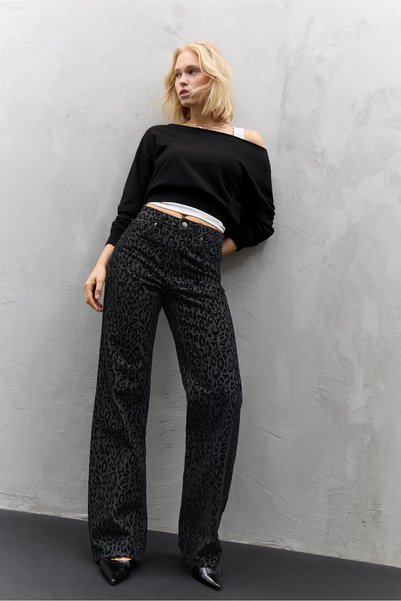 Leopard Print Flock Printed Jeans