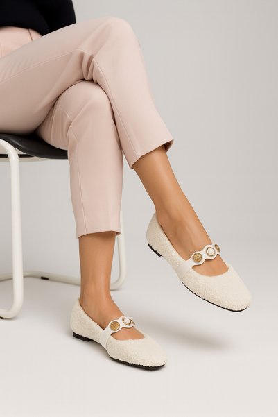 Women's White Coin Buckle Ballerinas Byndvt05