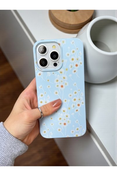 iPhone 16 Pro Compatible Daisy Patterned Blue Launch Liquid Silicone Case