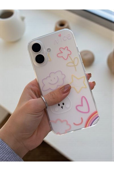iPhone 16 Compatible Nice Frosted Appearance Pastel Patterned Transparent Matte Silicone Case