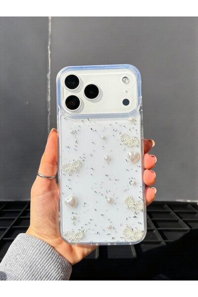 Apple iPhone 17 Pro / 18 Pro Compatible Pearl Heart Bow Transparent Case Glittery Shock-Resistant Cover
