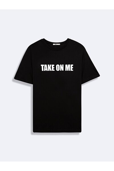 Short Sleeve Slogan Printed Crew Neck Black T-Shirt