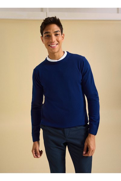 Crew Neck Basic Plain Navy Blue Men's Sweater Pbf5Wm-Kzk9557