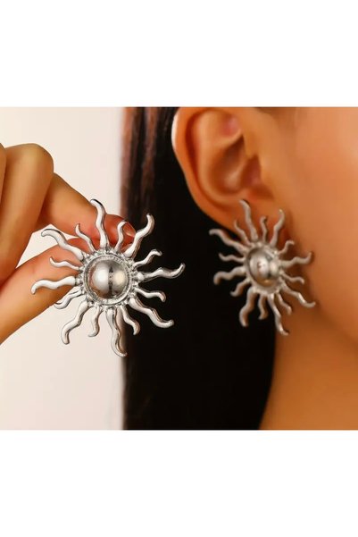 Women's Silver Design Sun Model Earrings