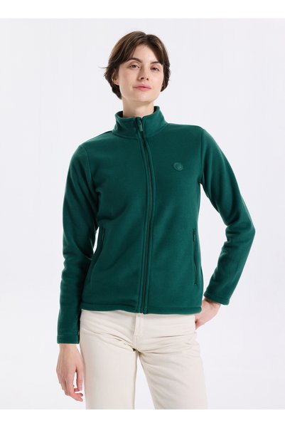 D5Wl-Swt3303 Dark Green Mock Neck Basic Plain Women's Fleece Sweatshirt
