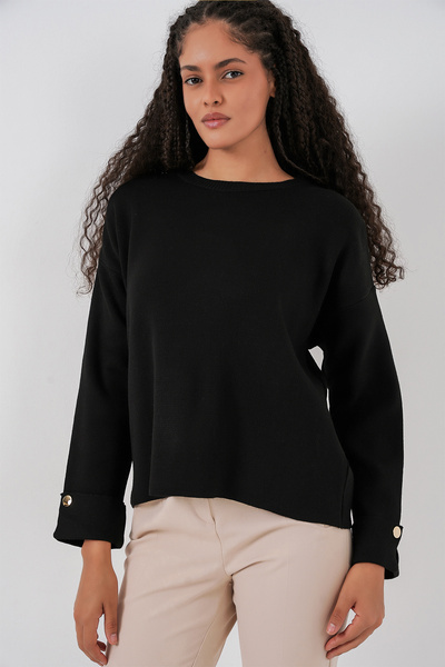 Women's Cufflink Oversized Knitwear Sweater 15981 - Black