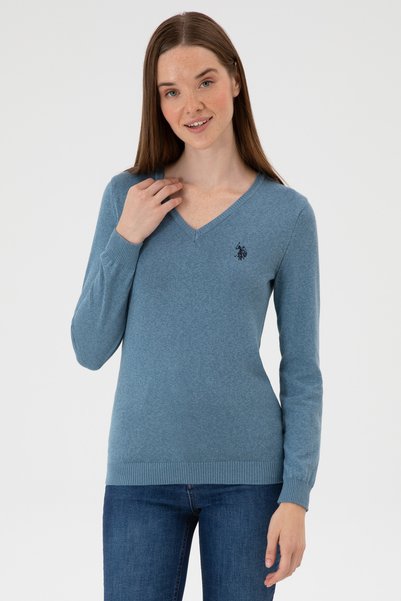 Women's Dark Blue V-Neck Basic Sweater 50313590-Vr251