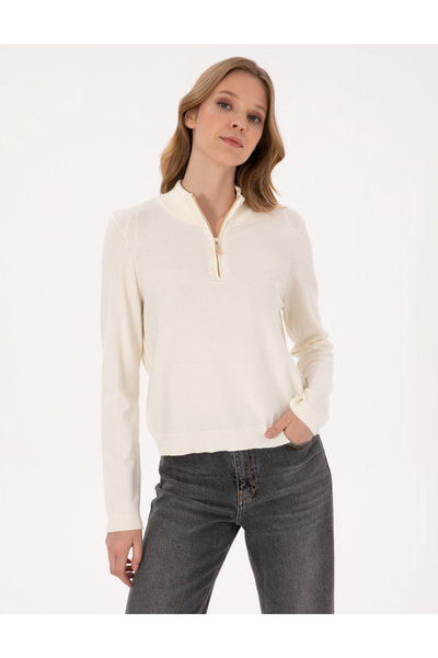 Ecru Slim Fit Zippered Sweater 50317114-Vr019