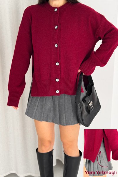 Burgundy Slit Buttons on the Side Oversized Knitwear Cardigan Standard Size