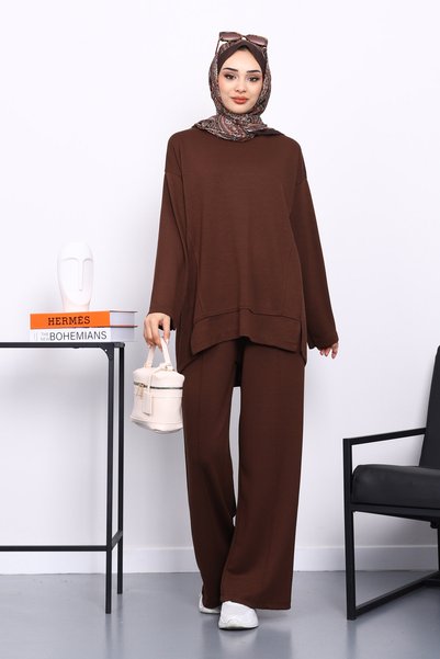 Brown Front Detail Modal Tunic with Pants Set