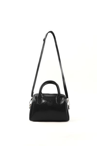 Crinkled Textured Black Shk184 Faux Leather, Single Compartment with Zipper, Strap Hand, Arm and Shoulder Bag