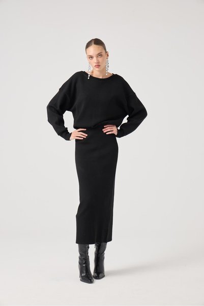Soft Textured Long Jacey Knitwear Dress Black