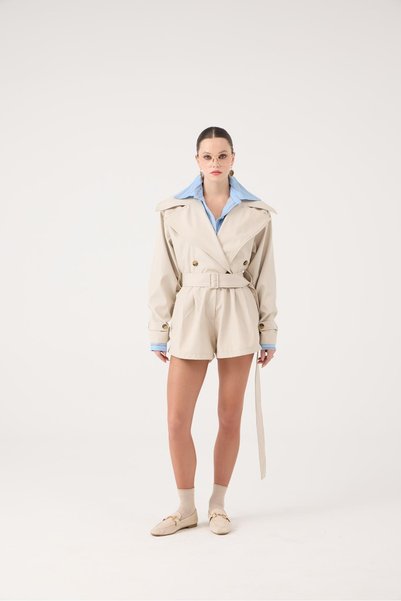Trench Coat Look Belted Regan Jumpsuit Beige