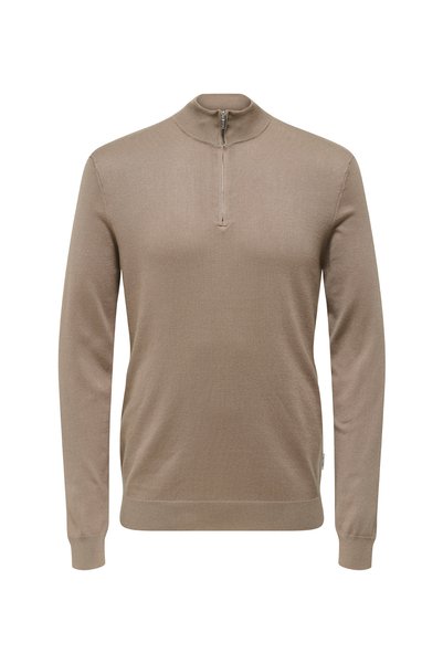 High Collar Regular Plain Light Brown Men's Sweater Onswyler Life Reg 14 Half Zip Knit
