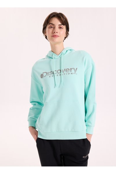 D5Wl-Swt3608 Mint Hooded Collar Relaxed Printed Women's Sweatshirt