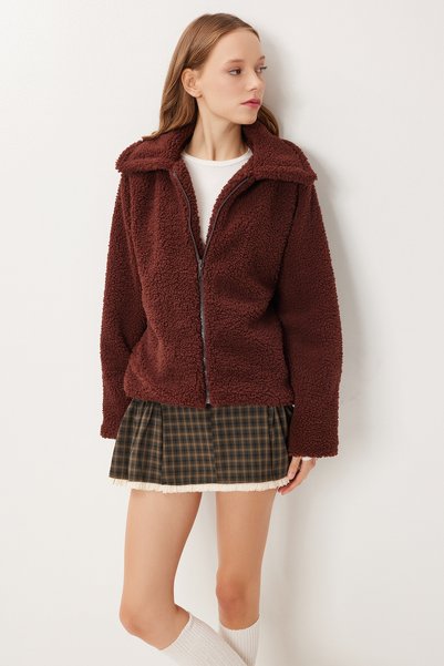Polo Collar Zippered Plush Coat Lci0042 Brown