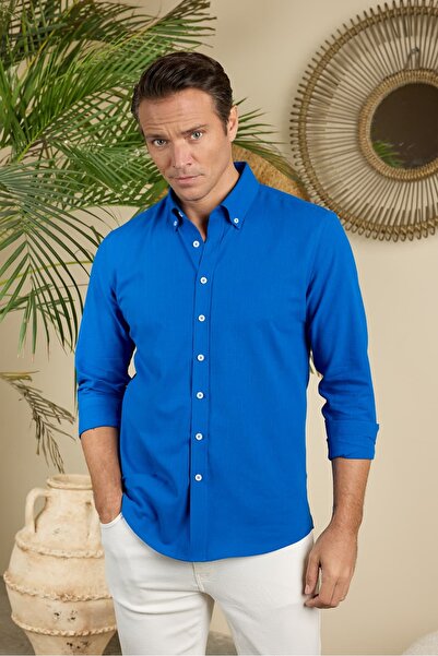Машка кошула од памук со изглед на лен Slim Fit