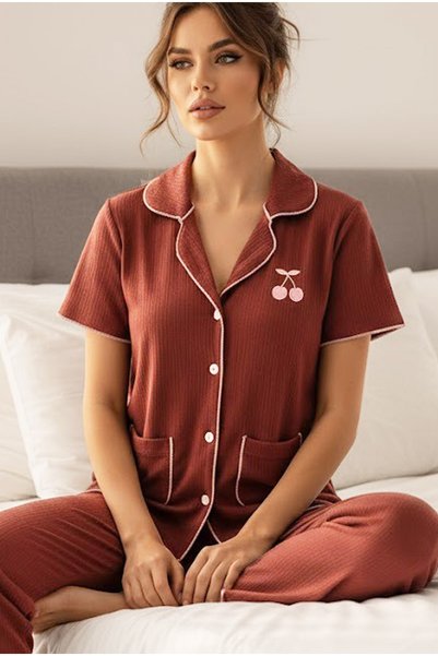 Tile Cherry Embroidered Pocket Wrinkled Short Sleeve Buttoned Knitted Pajama Set 7940