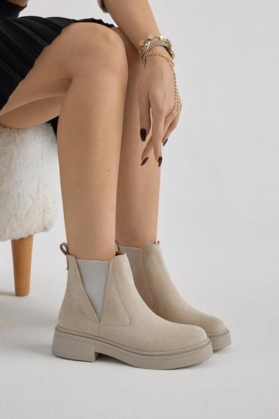 Women's Beige Suede Thick Thermo Sole Boots with Elastic V on the Side