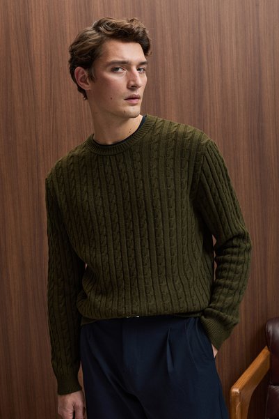 Vintlace Men's Round Neck Hair Knit Pattern Regular Fit Knitwear Khaki Sweater