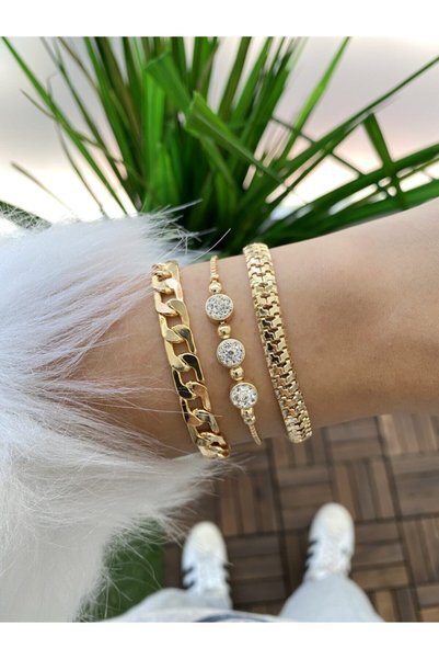 Women's Gold Plated Solid Bracelet, Colorfast Bracelet, 3-Piece Combination